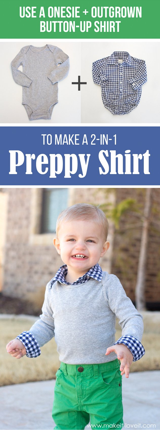 Make a 2-in-1 Preppy Shirt (from a onesie & outgrown button-up) | via Make It and Love It
